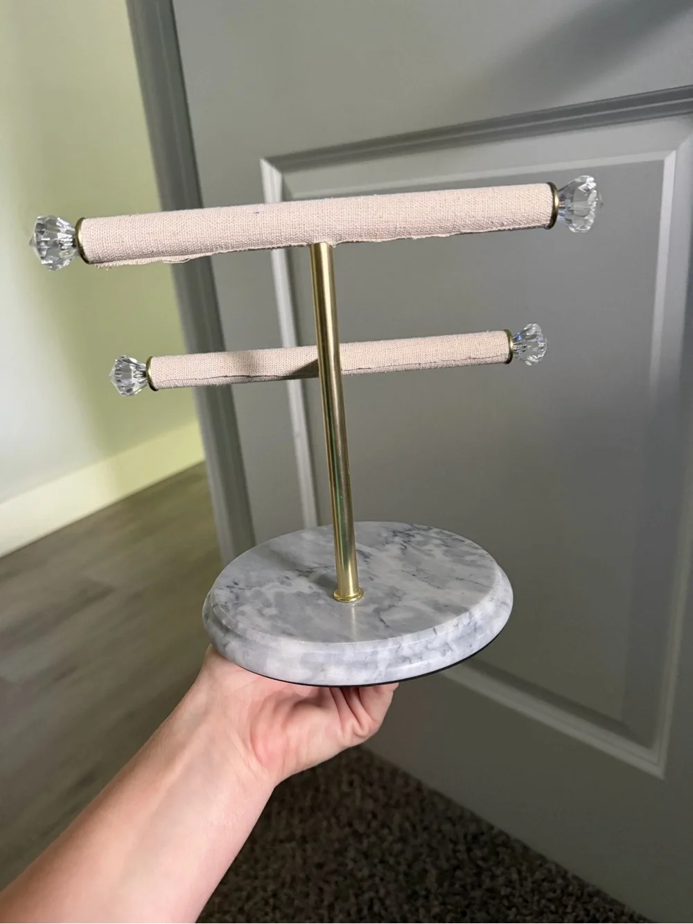 Two-Tier Pink Fabric Jewelry Stand with Marble Base